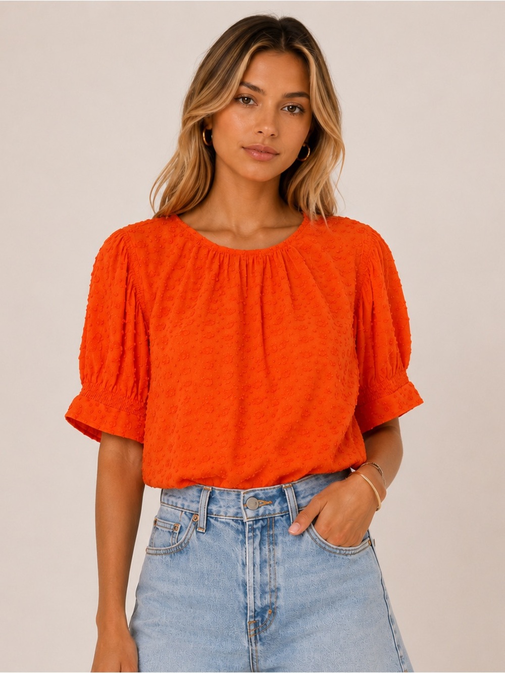 Calvin Klein Orange Textured Puff-Sleeve Blouse